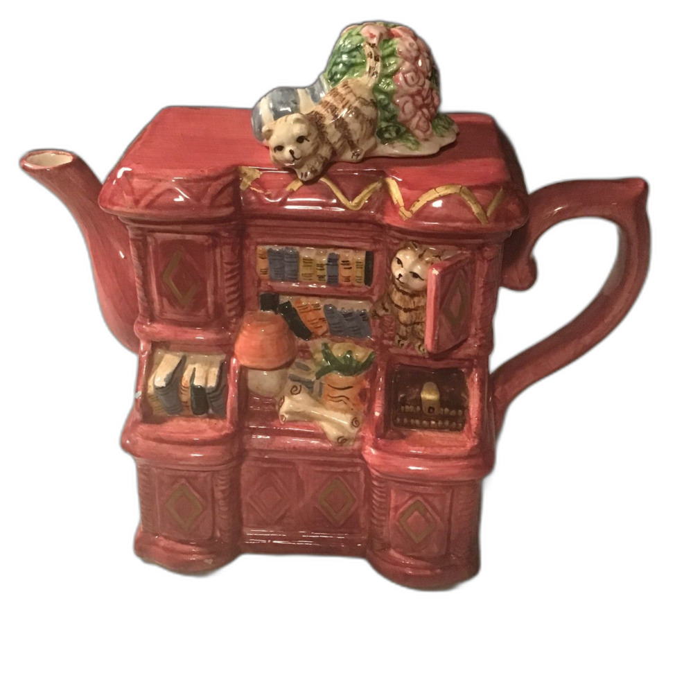 Vintage Cardinal Inc. Figural Cabinet Teapot - Hand Painted Cat & Books Decor